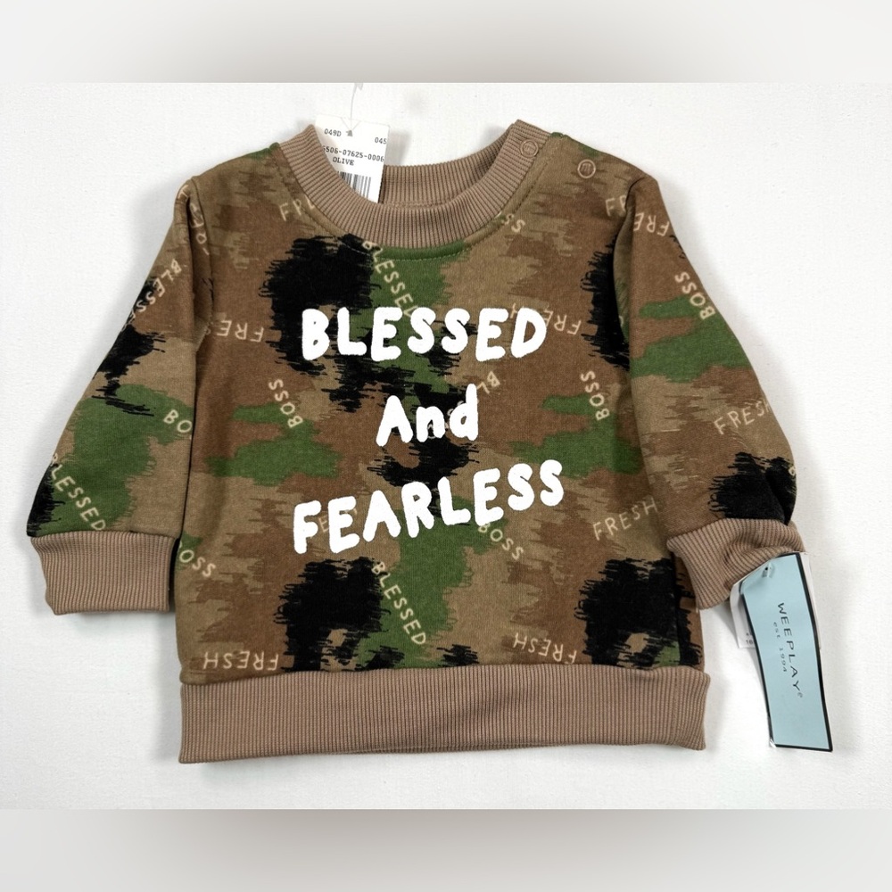 NWT WEEPLAY Boys Camo Sweatshirt 3/6M Blessed‎ And Fearless Graphic NEW Cozy